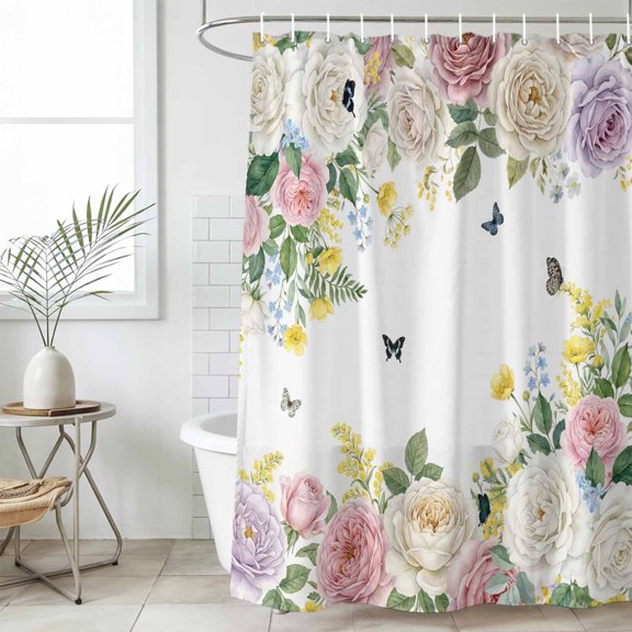 Pink White Flowers Small Stall Shower Curtain, Waterproof Shower Curtains for Bathroom, Spring Floral Elegant Pastoral Botanical Washable Fabric Bath Curtain for Bathtub with Hooks 36x72 Inches