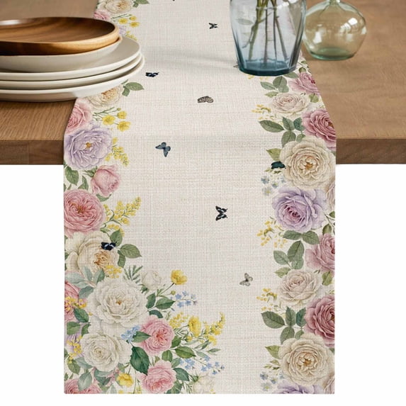 Pink White Flowers Table Runner, Spring Floral Elegant Pastoral Botanical Rustic Cotton Linen Table Runners 70 Inches Long, Dresser Scarf Runner for Dining/Kitchen/Coffee/TV Stands/Cabinets 13''x70''