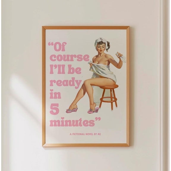Pink White Getting Ready Pin Up 60s Woman Bathroom Poster, Unframed Poster