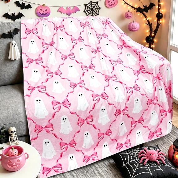 Pink White Ghost and Bow Pattern Soft Plush Fleece Throw Blanket for Cozy Home Decor