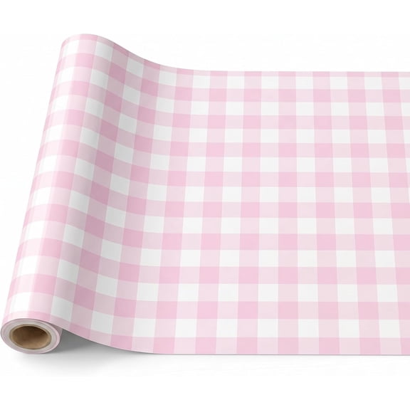 Pink White Gingham Paper Table Runner Roll 25' Long x 16" Wide Disposable Checkered Table Runner for Birthday Party Wedding Baby Shower Bridal Holiday Christmas Tabletop Home Decor