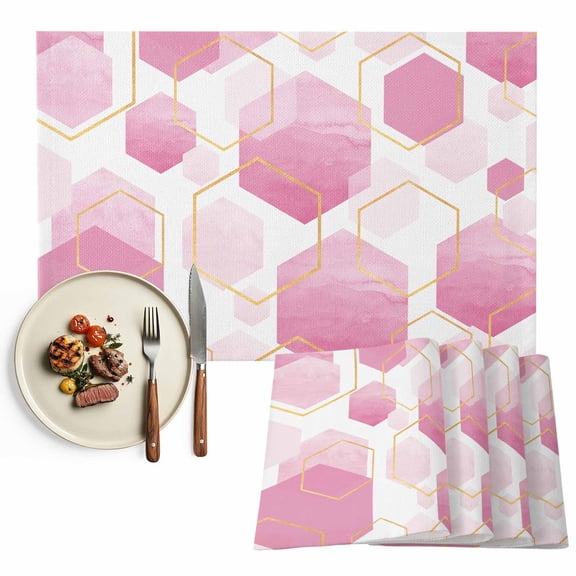 Pink White Gold Geometric Placemats Set of 12, Modern Abstract Hexagon Pattern Table Mats Washable Heat-Resistant Non-Slip Place Mats for Kitchen Dinner Table Indoor Outdoor Decor,13x19 Inch