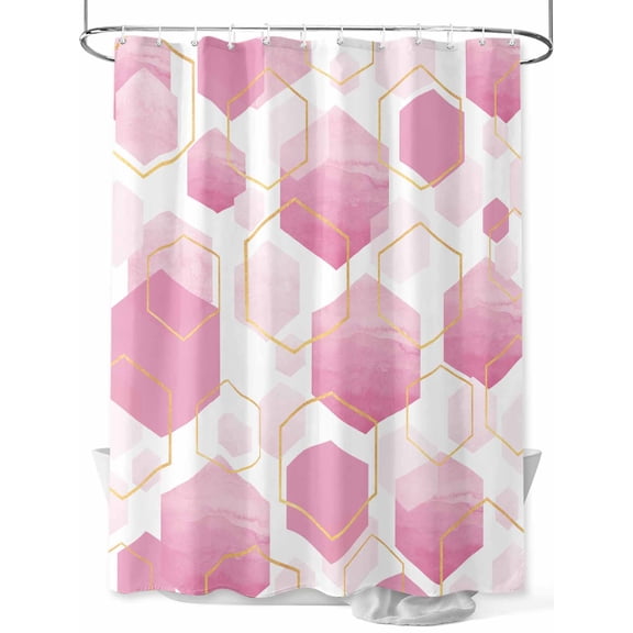 Pink White Gold Geometric Shower Curtain, Modern Abstract Hexagon Pattern Bathroom Decor Curtains Set with Hooks, Waterproof Fabric Home Accessories, Stall 36 X 78 Inch