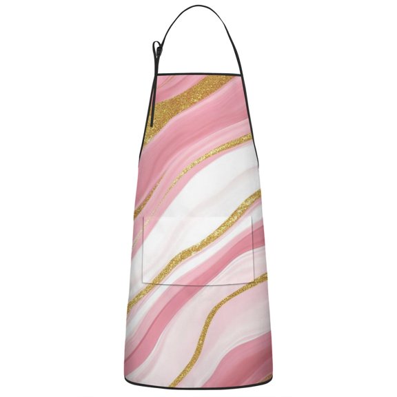 Pink White Gold Marble Pattern Apron-Garden Aprons for Women with Pockets-Cotton Linen Waterproof Kitchen Cooking Gardening Aprons Adjustable for Kitchen,Cooking,BBQ and Salon 33x27 Inch