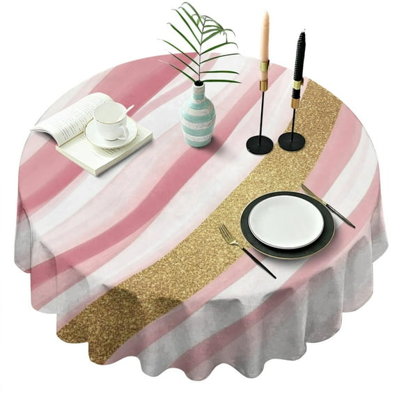 Pink White Gold Marble Pattern Round Tablecloth 60"x60",Wrinkle Wipeable Table Cloth for Kitchen Dining Room Picnic Patio Party