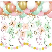 Pink White Green Birthday Decorations, Happy Birthday Banner, Metallic Hanging Swirls, Circle Dots Garland, Party Balloons, Pastel Birthday Party Supplies for Women Men Boys Girls