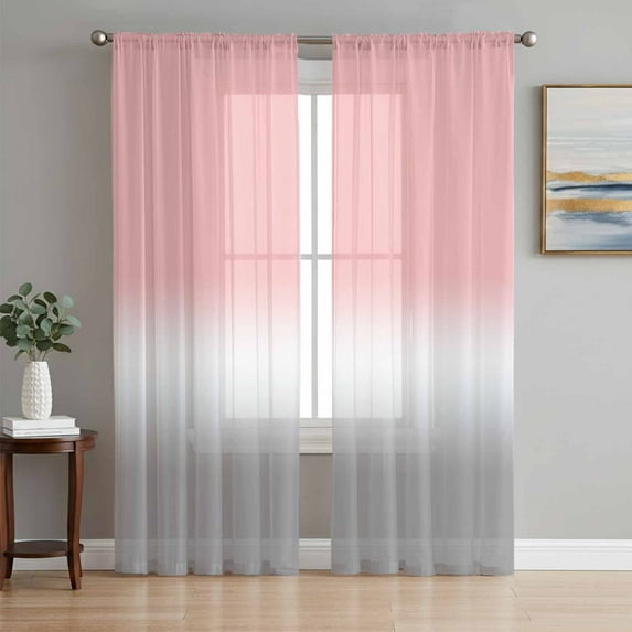 Pink White Grey Ombre Semi Sheer Curtains 63 Inch Length 2 Panels Set, Modern Abstract Aesthetics Sheer Kitchen Curtain Privacy Voile Window Curtain for Living Room Bedroom Rod Pocket Drapes
