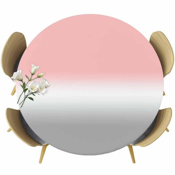 Pink White Grey Ombre Table Cloth, Round Fitted Tablecloths with Elastic Edge, Modern Abstract Aesthetics Wipeable Waterproof Table Cover for Kitchen Wedding 45-54 Inches