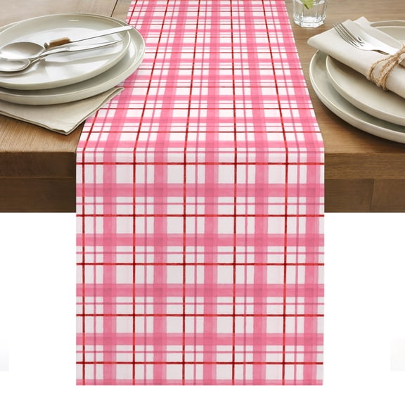 Pink White Grid Gingham Cotton Linen Table Runner Abstract Modern Minimalist Stripe Checked Dining Table Runners for Home Decor Party Dining Room Restaurant Kitchen Party 13" x 60"
