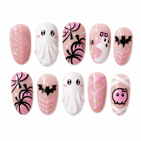 Pink White Halloween Ghost Press on Nails, Short Oval Glossy Fake Nails with Spider Web, 30 Count