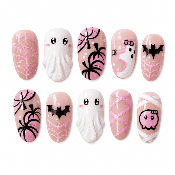 Pink White Halloween Ghost Press on Nails Short Square Fake Nails with Glossy Finish Soft Pink and White Full Cover Adhesive Press Ons Nail Tips Trendy Acrylic False Nails Holiday Gift 30 Pcs