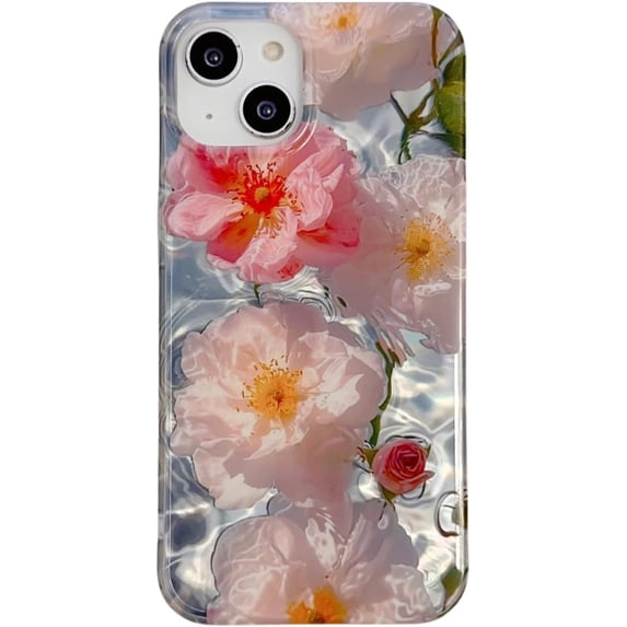 Pink White Hibiscus Water Ripple Phone Case for iPhone 14 Pro Max,Aesthetic Retro Flower Glitter Bling Wave Pattern Slim Protective Girls Women Gift Cover(i14promax 6.7",White Floral)