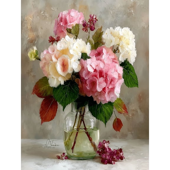 Pink White Hydrangea Oil Painting Canvas Wall Art, Botanical Floral Print, Cottagecore Home Wall Decor