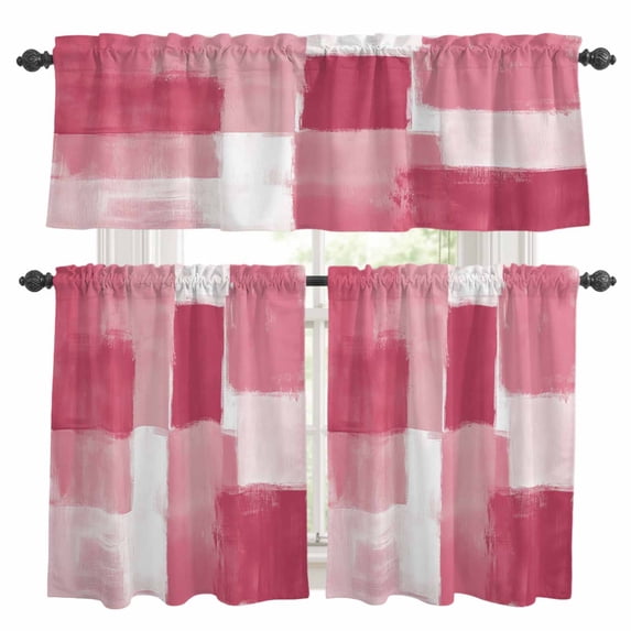 Pink White Kitchen Curtains Valances and Tiers Set of 3 Graffiti Art Mottled Gradient Color Blocks Modern Tier Curtains and Valance with Rod Pocket for Small Windows, 27.5"x36"