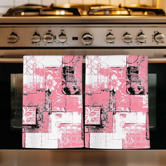 Pink White Kitchen Towels Set of 4, Modern Abstract Art Botanical Absorbent Dish Towels for Kitchen, Microfiber Hand Towel, Quick Drying Tea Towel for Cleaning Decorative Dishcloths