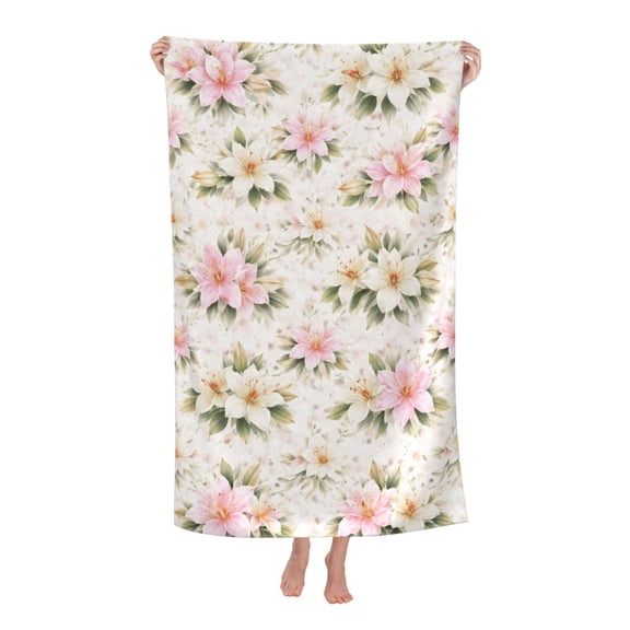 Pink White Lily Floral Botanical Bath Towel Soft and Highly Absorbent for Adults