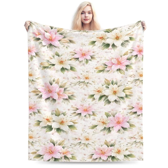 Pink White Lily Floral Botanical Blanket Spring Garden Decor Soft Cozy Throw Blanket for Couch Bed Living Room 50x40