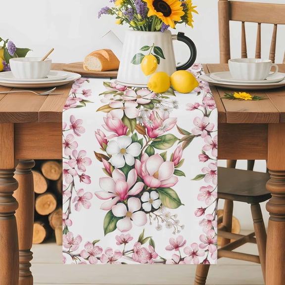 Pink White Magnolia Dining Table Runner, Spring Floral Leaf Botanical Washable Table Runners Kitchen Coffee Table Center Decor for Home Party Holiday Wedding 13 x 36 Inches