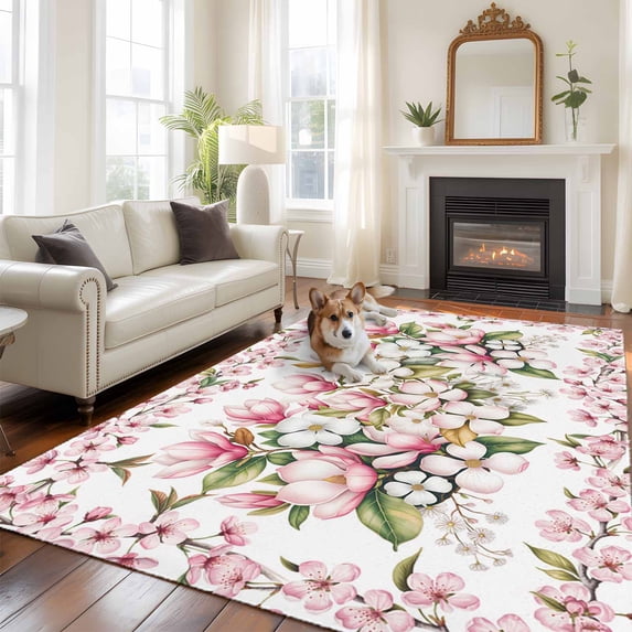 Pink White Magnolia Large Area Rugs 8x10 ft Spring Floral Leaf Botanical Washable Rug Non Slip Indoor Carpet Absorbent Floor Mat for Living Room Bedroom Dining Room