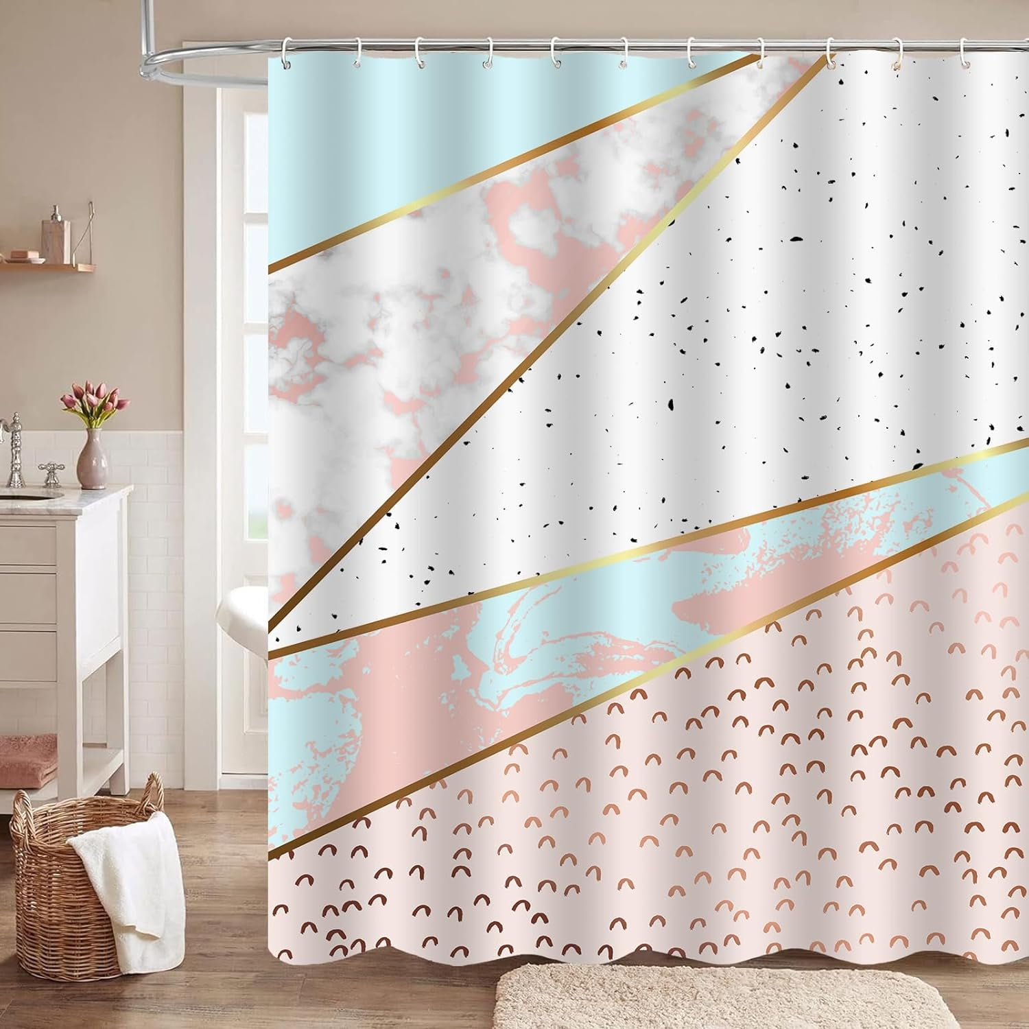 Pink and White Marble Bathroom Shower Curtains Set,Luxury Abstract ...