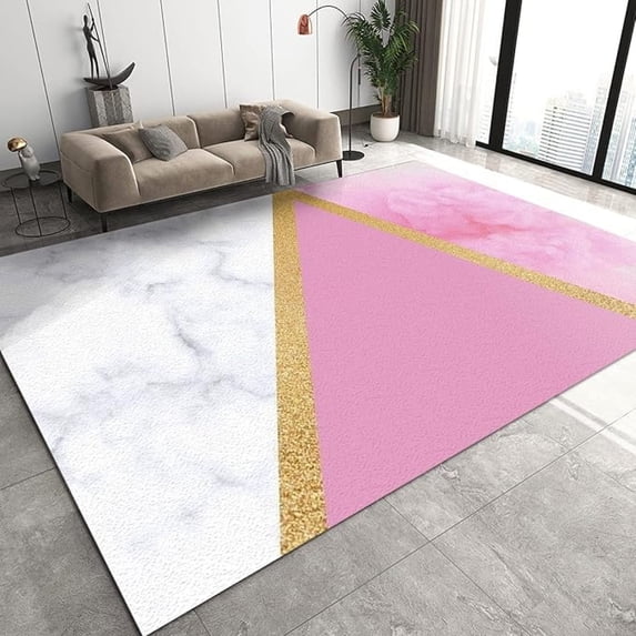 Pink White Marble Bedroom Rug, Golden Curved Stripes Nordic Cute Living Room Rugs, Large Area Rug Short Velvet Comfortable Feet Apply To Home Decor Entryway Hallway 5x6ft