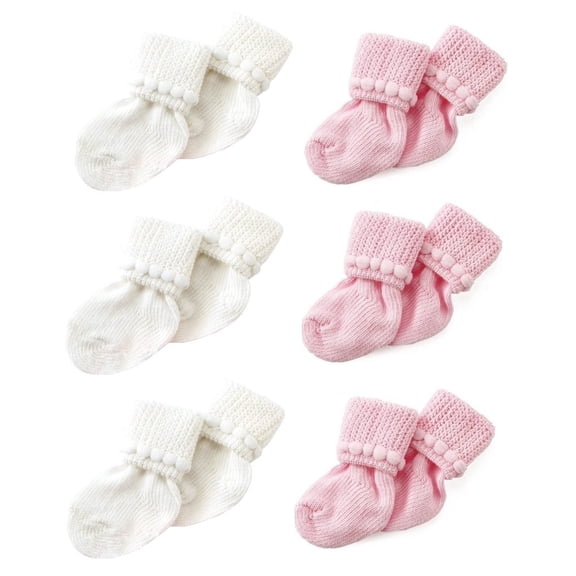 Pink & White Newborn Baby Socks By Nurses Choice - Includes 6 Pairs of Cotton Socks