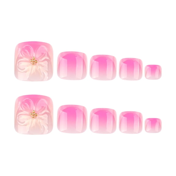 Pink White Ombre 3D Flower Press on Toenails, Short Squoval Glossy Translucent Fake Toenails with Raised Floral Detail, 24 Count