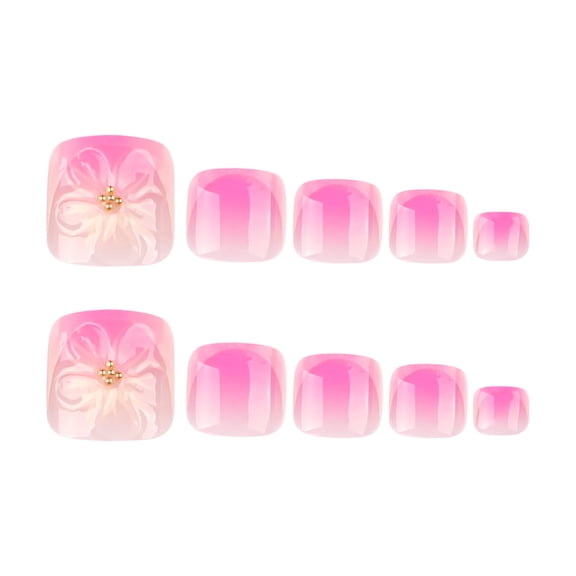 Pink White Ombre 3D Flower Press on Toenails, Short Squoval Glossy Translucent Fake Toenails with Raised Floral Detail, 24 Count
