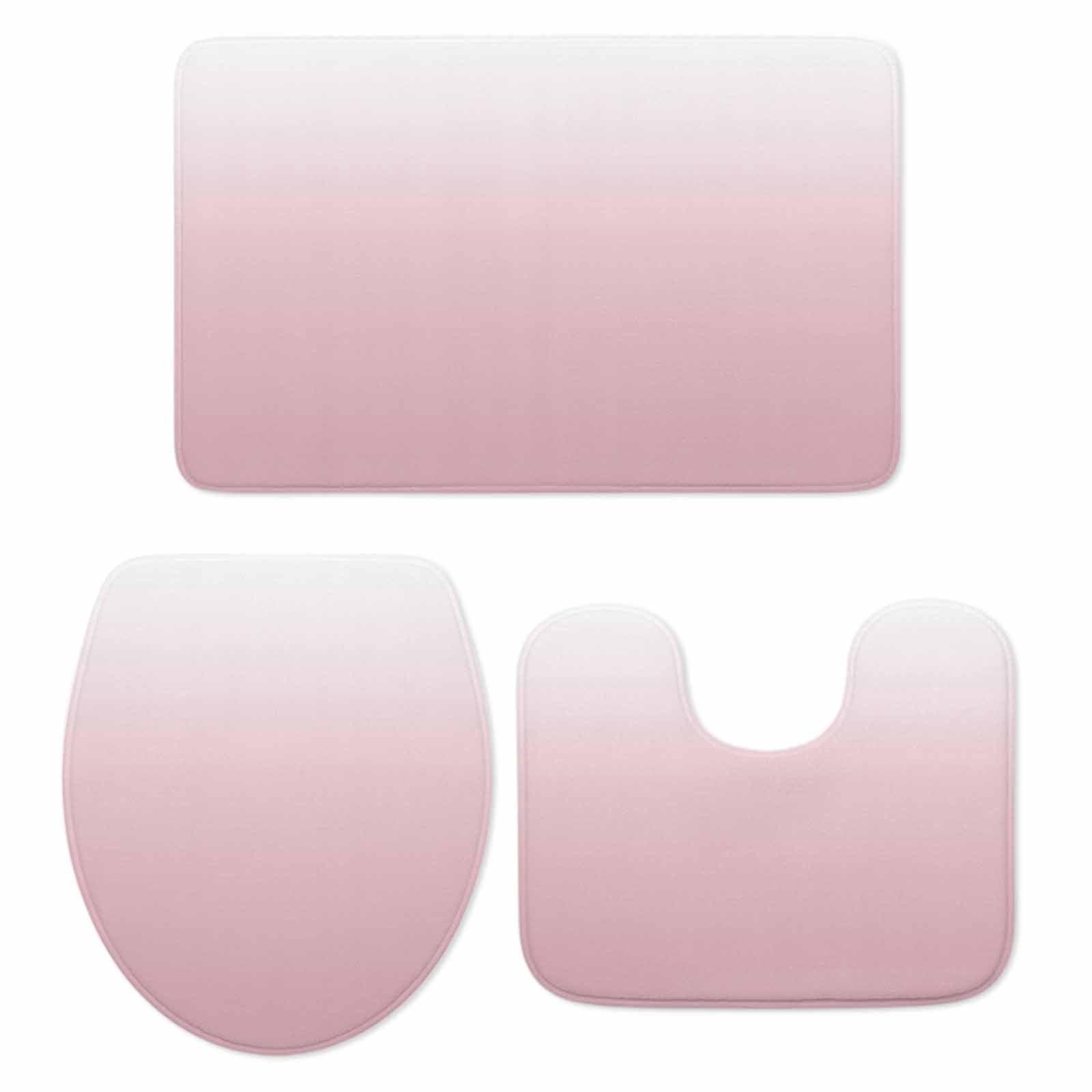 Pink White Ombre Bath Mat 3 Piece Bathroom Rug Set, Pink Gradient Color Modern Abstract Art Non Slip Bath Rug Contour Mat and Toilet Lid Cover, Absorbent Shower Mats Soft Bath Rugs and Mats Sets