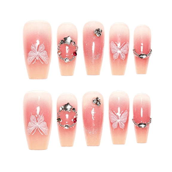 Pink White Ombre Butterfly French Tip Glitter Gradient Press on Nails, Medium Coffin Glossy Translucent False Nails with Rhinestone Accent, 10 Count