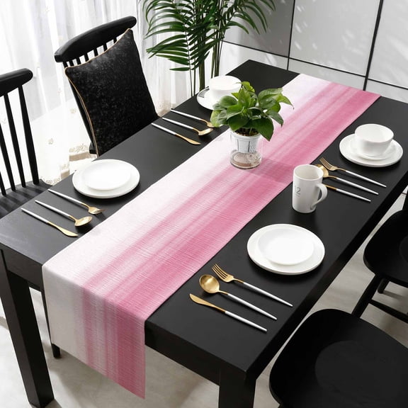 Pink White Ombre Cotton Linen Table Runner 13 x 90 inch Romantic Funny Abstract Striped Lines Non-slip Rectangular Dining Table Decor for Wedding Party Holiday Dinner