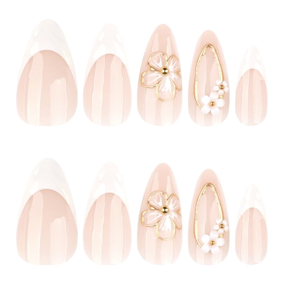 Pink White Ombre Floral with Gold Accent Press on Nails, Medium Almond Glossy Finish Fake Nails with Raised Detail, 24 Count
