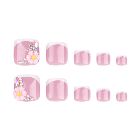 Pink White Ombre Floral Rhinestone Press on Toenails with White Tip, Short Squoval Glossy Fake Toenails, 24 Count