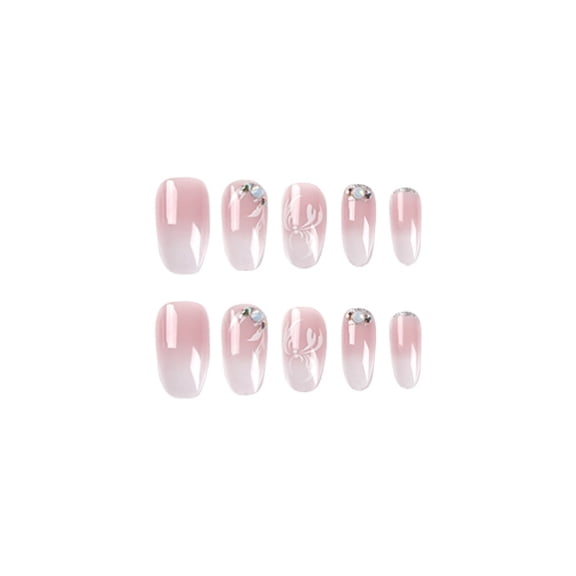 Pink White Ombre Floral and Rhinestone Accent Press on Nails, Medium Almond Glossy False Nails, 24 Count