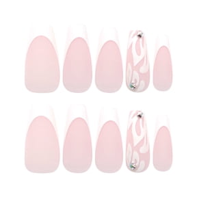 Pink White Ombre French Tip Floral Press on Nails Medium Square Fake Nails with Rhinestone Designs Pink White Ombre Full Cover Adhesive Press Ons Glam Acrylic False Nails Holiday Gift 24 Pcs