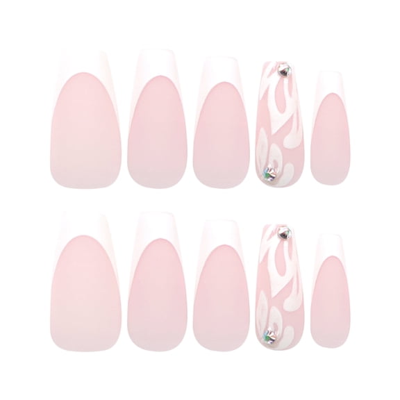 Pink White Ombre French Tip Floral Press on Nails, Medium Coffin Matte Finish with Rhinestone Accent, 24 Count