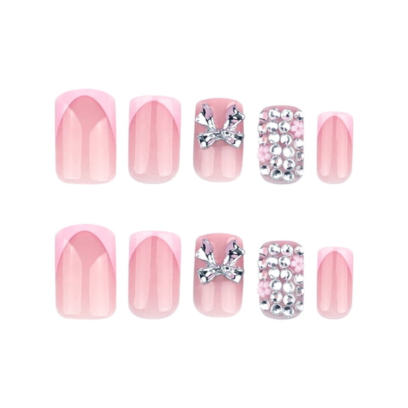 Pink White Ombre French Tip Metal Bow Rhinestone Press on Nails, Short Squoval Glossy False Nails, 24 Count
