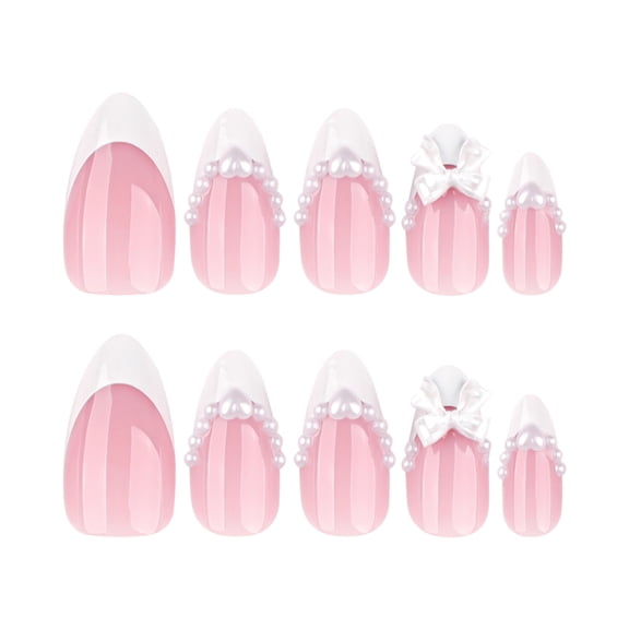 Pink White Ombre French Tip Press on Nails, Medium Almond Glossy False Nails with Pearl and Bow Accents, 24 Count