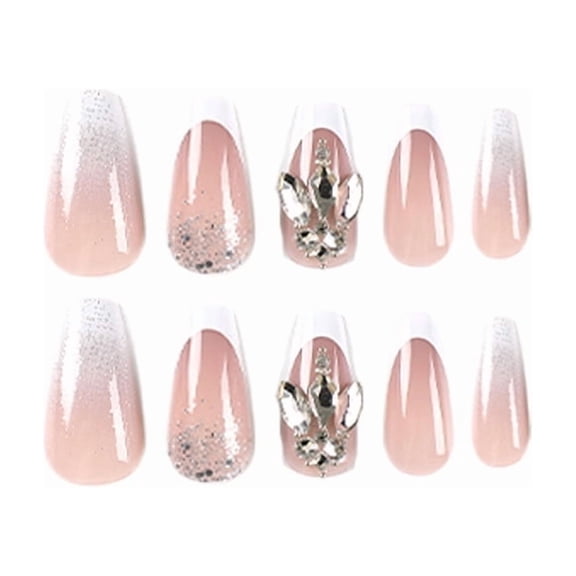 Pink White Ombre French Tip Press on Nails, Medium Almond Rhinestone Accent Glitter Gradient Glossy Finish False Nails, 24 Count