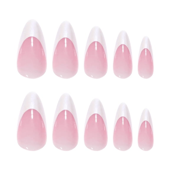 Pink White Ombre French Tip Press on Nails, Medium Pointed Almond Glossy False Nails, 24 Count