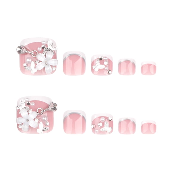 Pink White Ombre French Tip Press on Toenails with 3D Flower, Butterfly and Pearl Accents, Short Squoval Glossy Fake Toenails, 24 Count