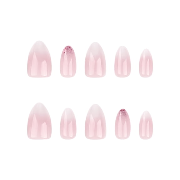 Pink White Ombre Glitter Accent Press on Nails, Medium Almond Glossy Artificial Nails, 24 Count