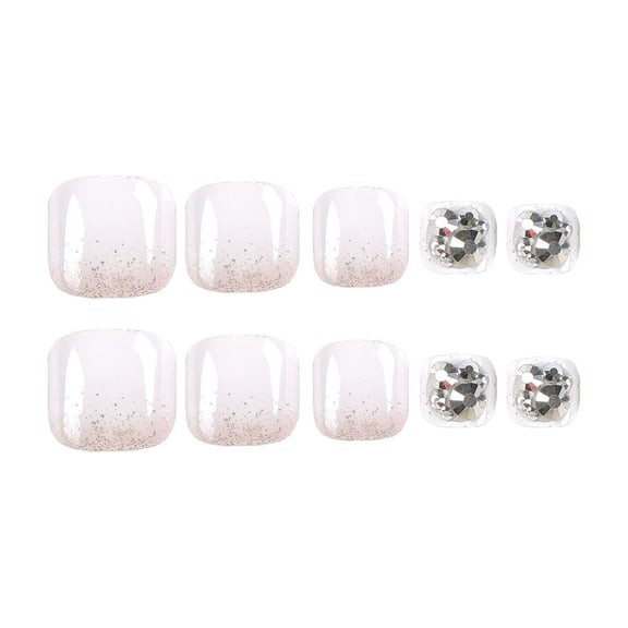 Pink White Ombre Glitter Gradient Rhinestone Accent Press on Nails, Short Square Glossy Fake Nails, 24 Count