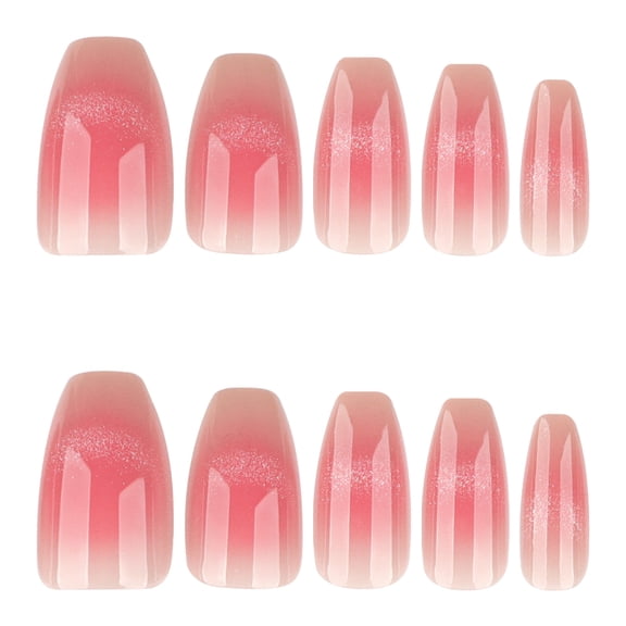 Pink White Ombre Gradient Glitter Press on Nails, Medium Coffin Shape Glossy Finish, 24 Count