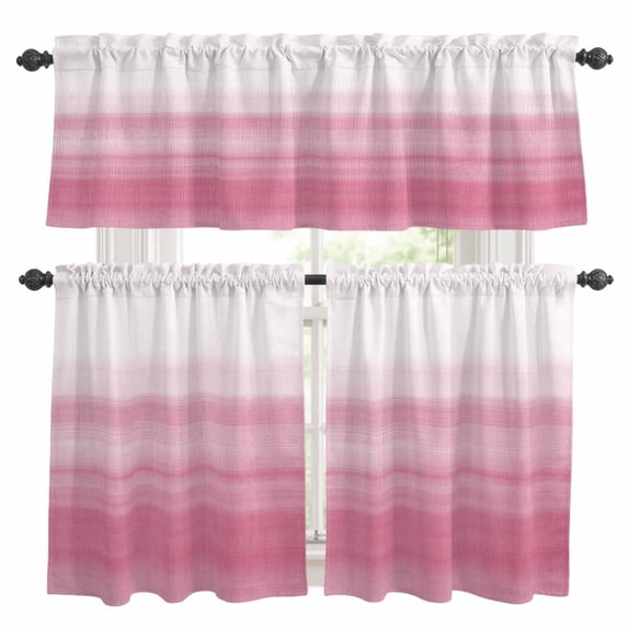 Pink White Ombre Kitchen Curtains Sets for Windows 24 Inch Length, Romantic Funny Abstract Striped Lines Rod Pocket Window Treatments Tier Curtains and Valances Set for Bedroom/Bathroom