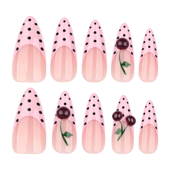 Pink White Ombre Polka Dot Cherry 3D Press on Nails, Long Stiletto Glossy False Nails with Raised Detail, 24 Count