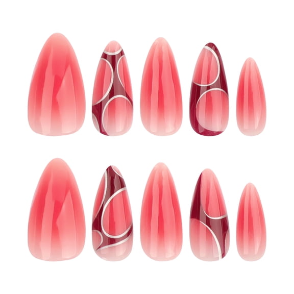 Pink White Ombre Press on Nails with Maroon Circular Pattern and Silver Curved Line Detail, Medium Almond Glossy False Nails, 24 Count