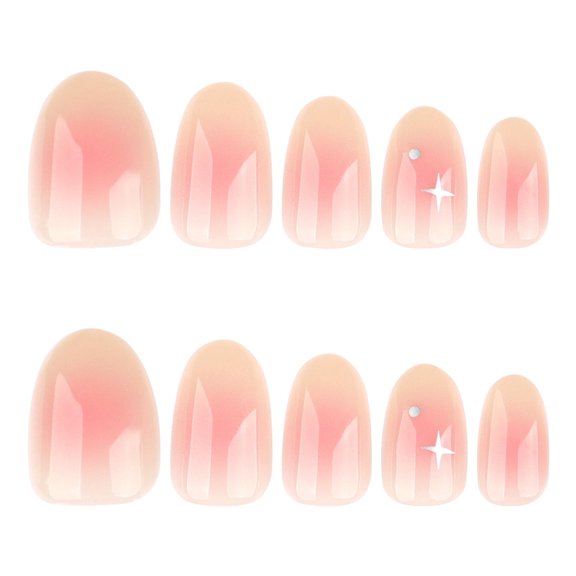 Pink White Ombre Rhinestone Star Accent Press on Nails, Short Squoval Glossy Translucent Fake Nails, 24 Count
