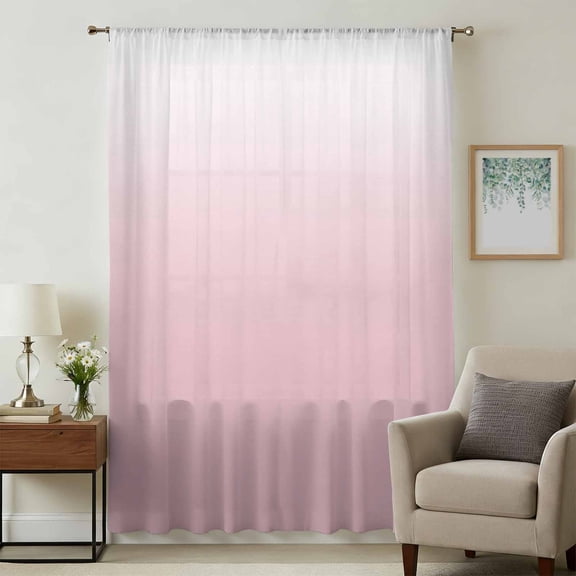 Pink White Ombre Sheer Curtains 54 Inches Long, Pink Gradient Color Modern Abstract Art Light Filering Curtains, Breathable Simi Curtain Privacy Drapes for Kitchen Bathroom Small Window Treatment