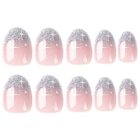 Pink White Ombre Silver Glitter Star Pattern Press on Nails, Short Oval Glossy Glitter False Nails, 24 Count
